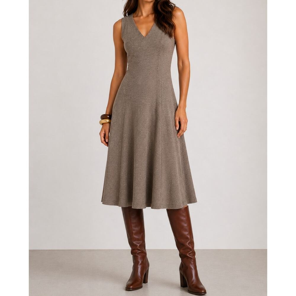 Ann Mashburn 100% Wool Midi Dress V-Neck Sleeveless Fit and Flare Taupe Maxi